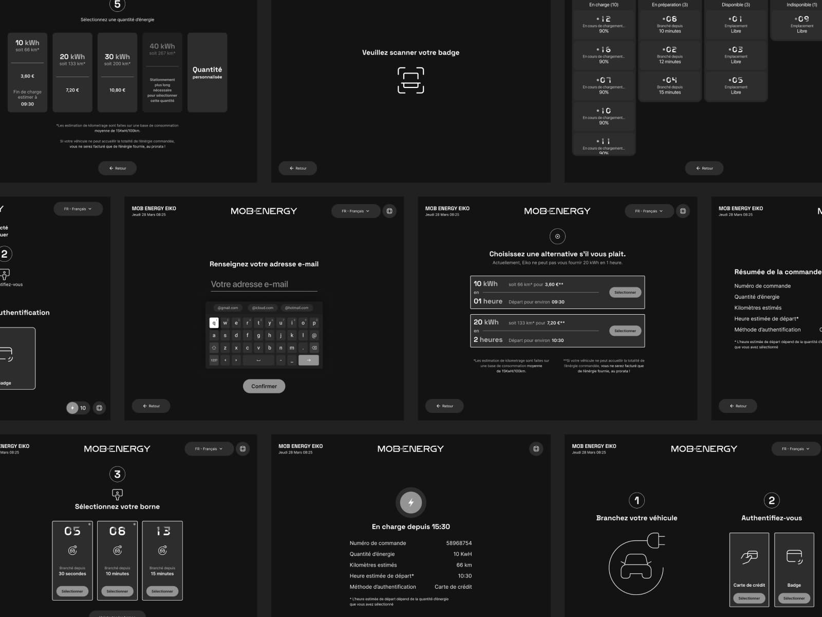 Collection d'écrans mobiles montrant les différents parcours utilisateurs de l'application Mob-Energy