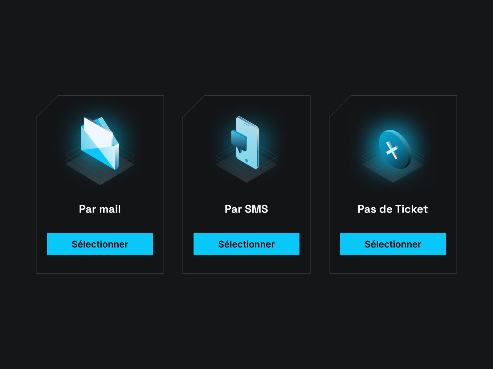 Interface de sélection des méthodes d'authentification : par mail, par SMS ou sans ticket