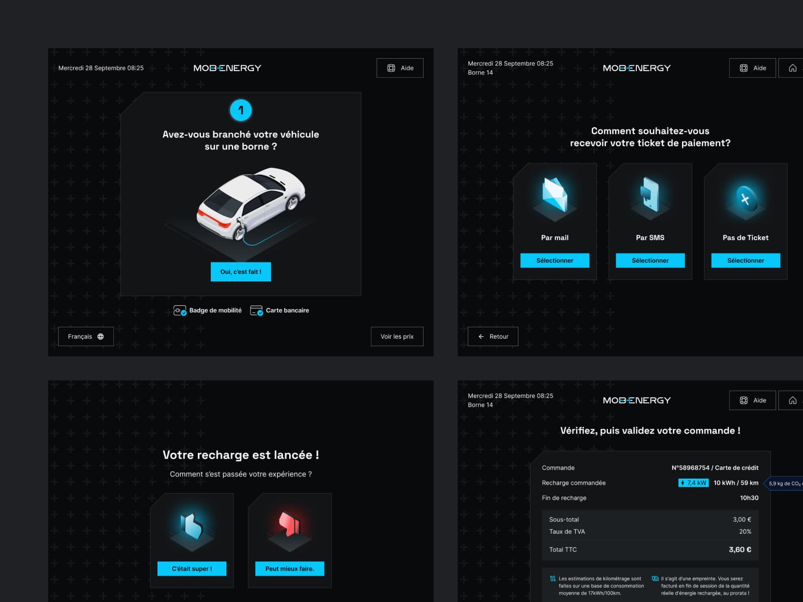 Vue d'ensemble des principaux écrans de l'application Mob-Energy montrant le parcours complet de recharge